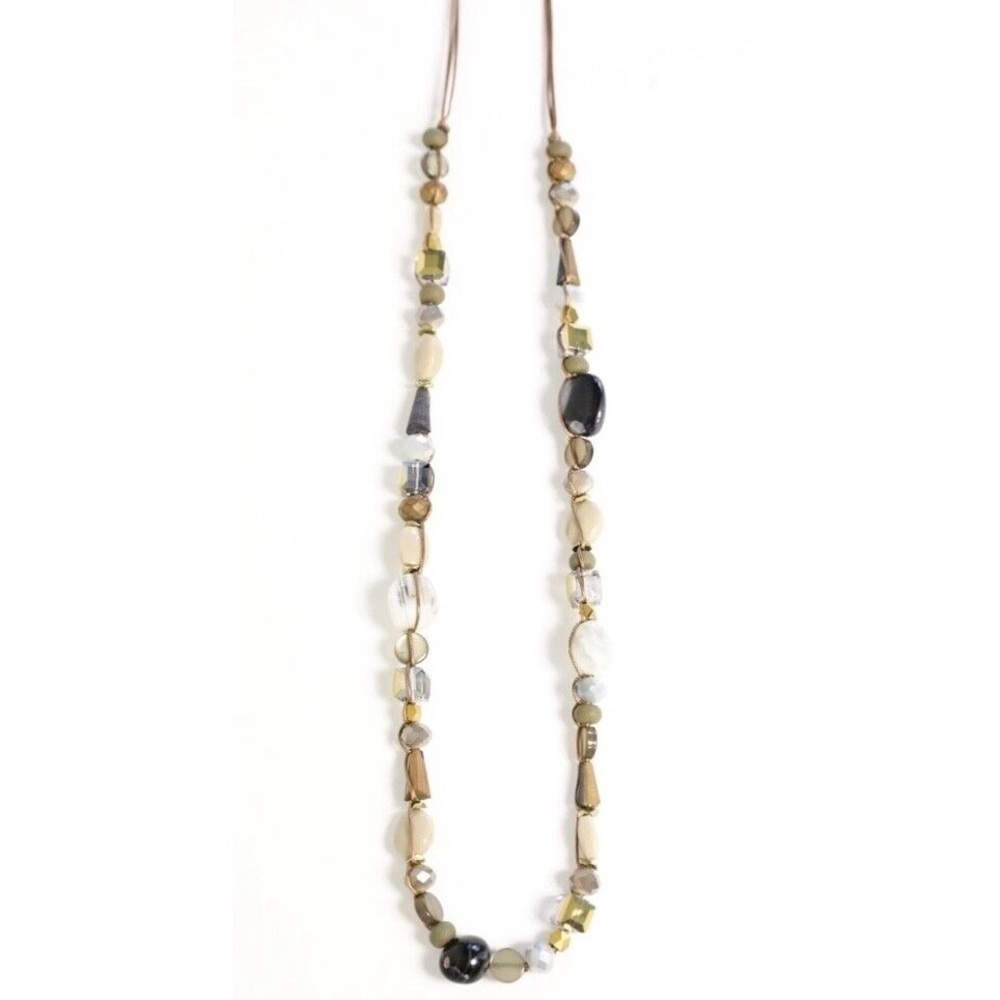 Extra long boho necklace adjustable beaded brass rope glass stones NWT retro